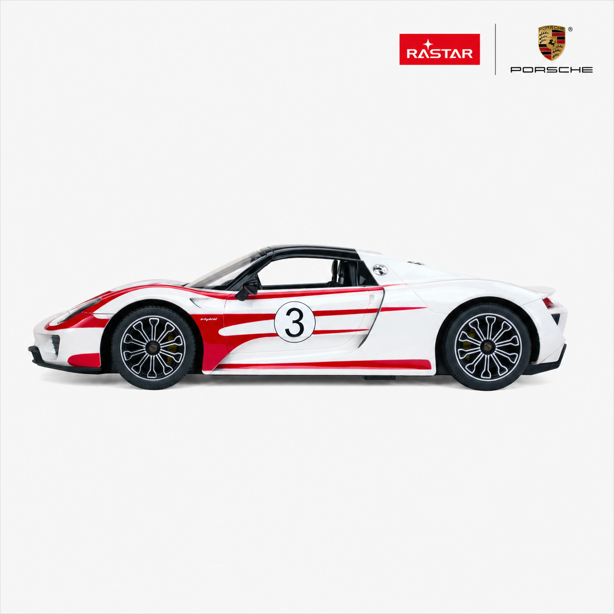 Rastar Porsche 918 Spyder Performance 1:14 RC car in white and red number 3 livery, side profile view clearly showing the low supercar body shape, large number 3 door decal, and Rastar and Porsche branding.
