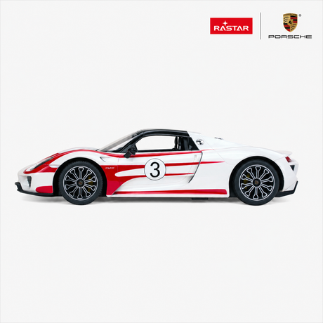 Rastar Porsche 918 Spyder Performance 1:14 RC car in white and red number 3 livery, side profile view clearly showing the low supercar body shape, large number 3 door decal, and Rastar and Porsche branding.