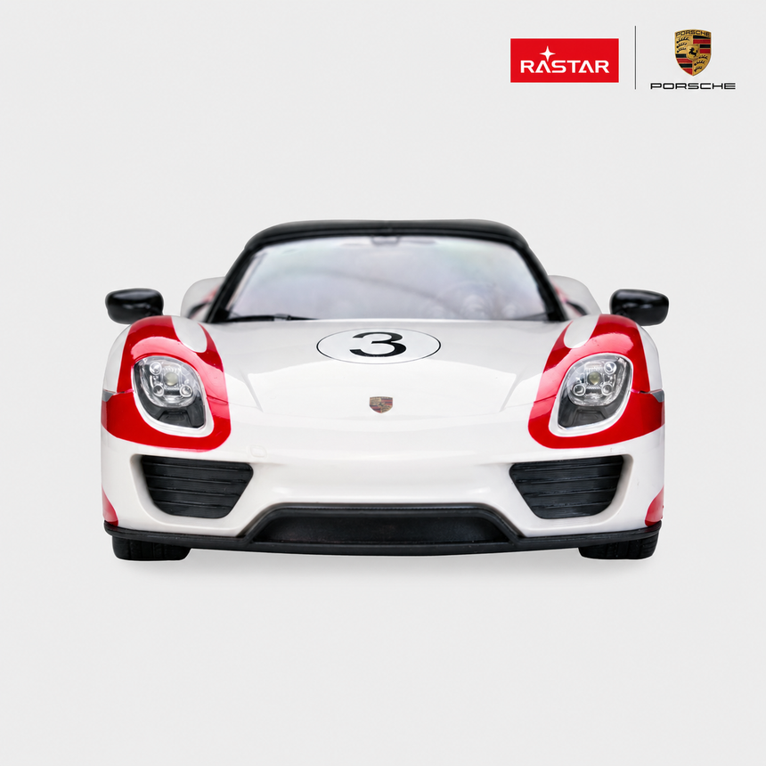 Rastar 1:14 Porsche 918 Spyder Performance RC car in white with red number 3 race livery, front-on view emphasising the wide front bumper, dual headlights, and bold number 3 bonnet roundel.
