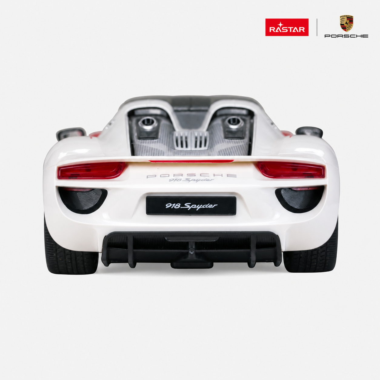 Rastar Porsche 918 Spyder Performance 1:14 RC car in white with red livery, rear view showing the rear diffuser, top-exit exhaust outlets, and Porsche 918 Spyder badging, with Rastar and Porsche logos in the corner.