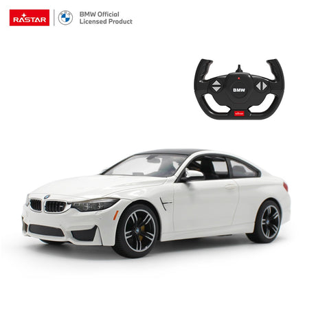 Rastar 1:14 BMW M4 Coupe RC car in white shown in a front 3/4 view alongside the BMW-branded steering wheel-style remote controller, with Rastar and BMW Official Licensed Product logos displayed at top.