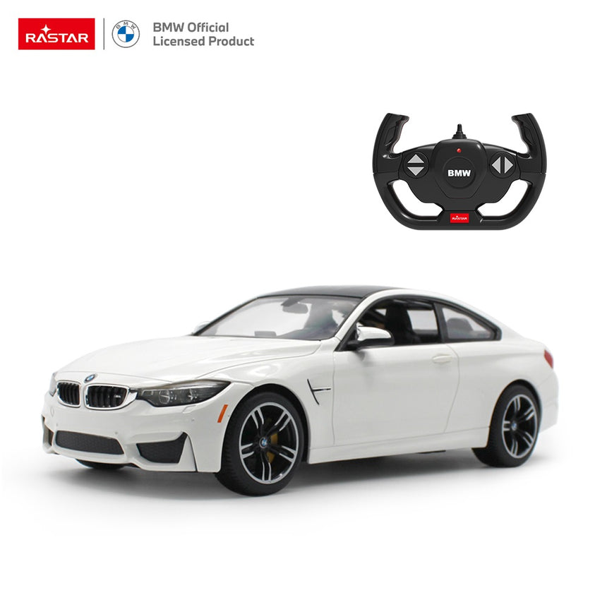 Rastar 1:14 BMW M4 Coupe RC car in white shown in a front 3/4 view alongside the BMW-branded steering wheel-style remote controller, with Rastar and BMW Official Licensed Product logos displayed at top.