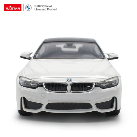 Rastar 1:14 BMW M4 Coupe RC car in white, front-on view highlighting the iconic twin-kidney black grille, wide front bumper air intakes, LED headlight housings, and BMW roundel, with BMW Official Licensed Product branding.