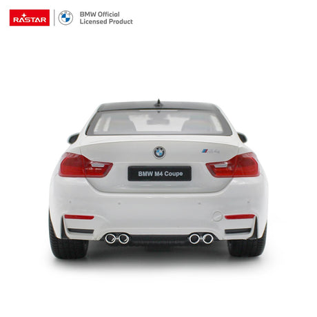 Rastar 1:14 BMW M4 Coupe RC car in white, rear-on view clearly showing the BMW M4 Coupe number plate, quad exhaust pipes, rear diffuser, and LED tail lights, with BMW Official Licensed Product branding.