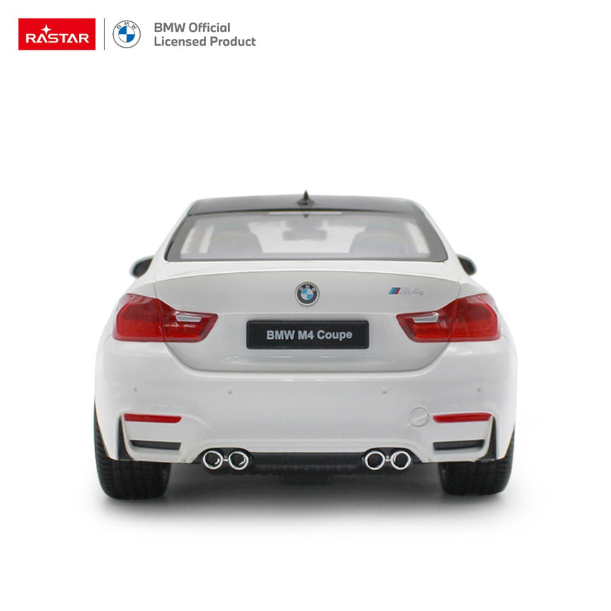 Rastar 1:14 BMW M4 Coupe RC car in white, rear-on view clearly showing the BMW M4 Coupe number plate, quad exhaust pipes, rear diffuser, and LED tail lights, with BMW Official Licensed Product branding.
