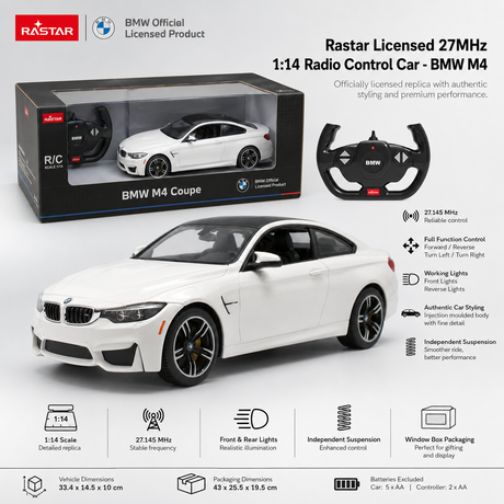 Rastar 1:14 BMW M4 Coupe RC car product specification image showing the white car with its retail box and BMW steering wheel remote controller, with key specs listed: 1:14 scale, 27.145 MHz, full-function control, working front and reverse lights, independent suspension, and vehicle dimensions of 33.4 x 14.5 x 10 cm.