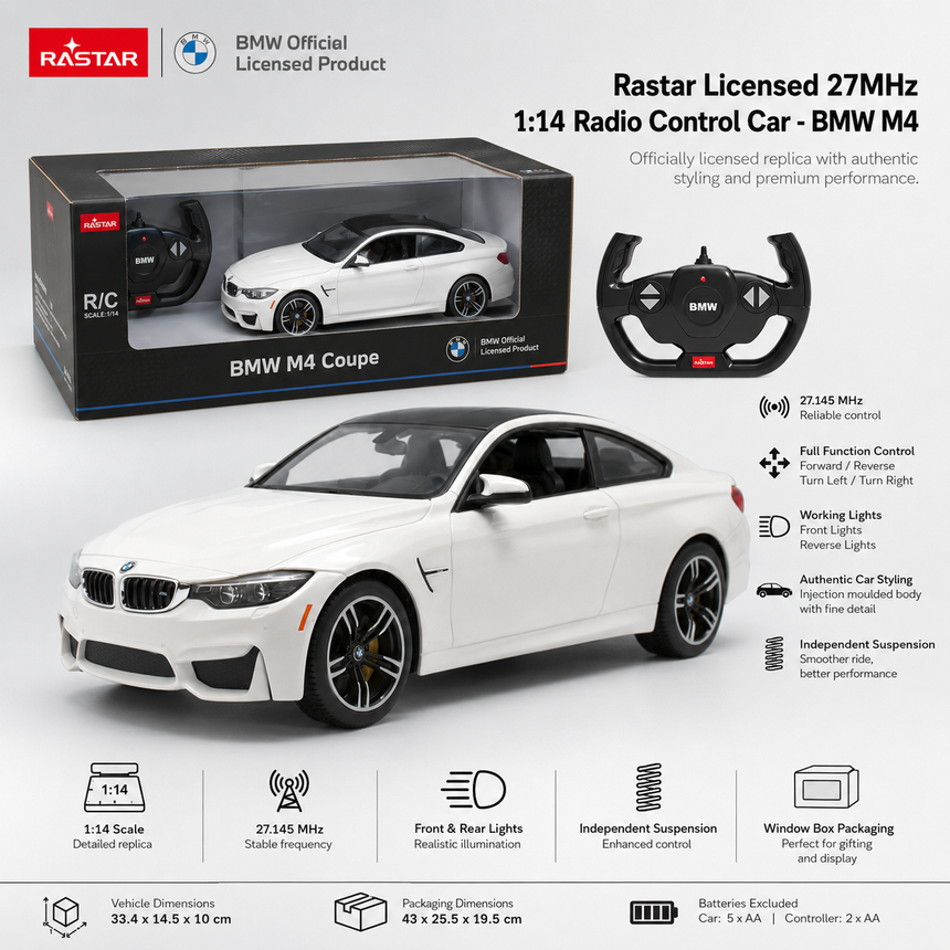 Rastar 1:14 BMW M4 Coupe RC car product specification image showing the white car with its retail box and BMW steering wheel remote controller, with key specs listed: 1:14 scale, 27.145 MHz, full-function control, working front and reverse lights, independent suspension, and vehicle dimensions of 33.4 x 14.5 x 10 cm.