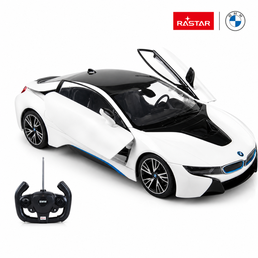 Rastar 1:14 BMW i8 RC car in white with blue accents shown in a front 3/4 view with butterfly doors open, alongside the BMW-branded steering wheel remote controller, with Rastar and BMW logos displayed.