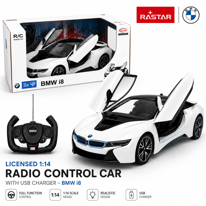 Rastar 1:14 BMW i8 RC car product packaging shot showing the white car with open butterfly doors alongside its retail display box and BMW steering wheel remote controller, with "Licensed 1:14 Radio Control Car with USB Charger" product title and feature icons for full-function control, 1:14 scale, realistic design, and USB charging.