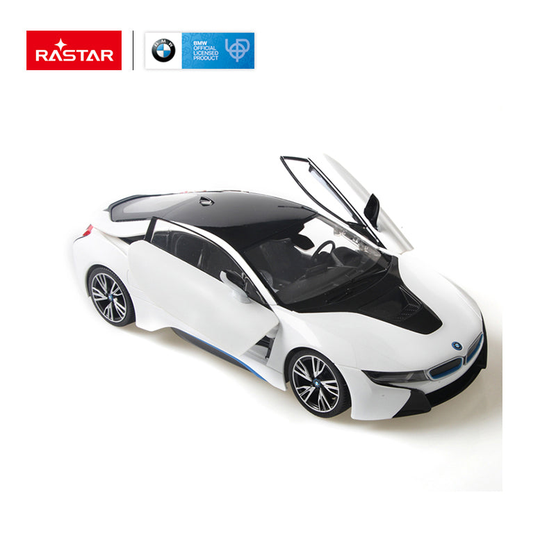 Rastar BMW i8 1:14 RC car in white with blue accents, overhead front 3/4 view with both butterfly doors open wide, revealing the detailed interior, with Rastar and BMW Official Licensed Product logos at top.