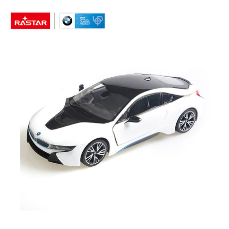 Rastar 1:14 BMW i8 RC car in white with blue trim accents, front 3/4 view with butterfly doors open, shown alongside the BMW steering wheel remote controller, with Rastar and BMW Official Licensed Product branding.