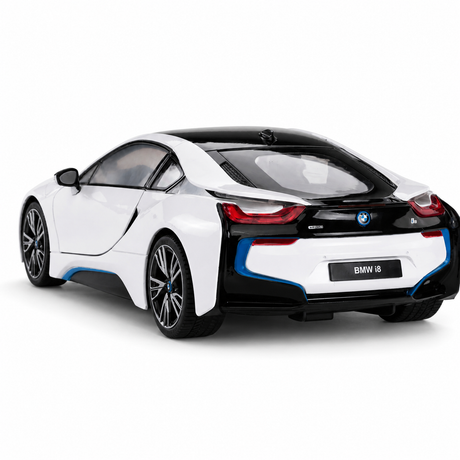 Rastar BMW i8 1:14 RC car in white and black with blue accents, rear 3/4 view with doors closed showing the sleek fastback roofline, BMW i8 rear badging, blue lower rear bumper trim, and red LED tail light bar.