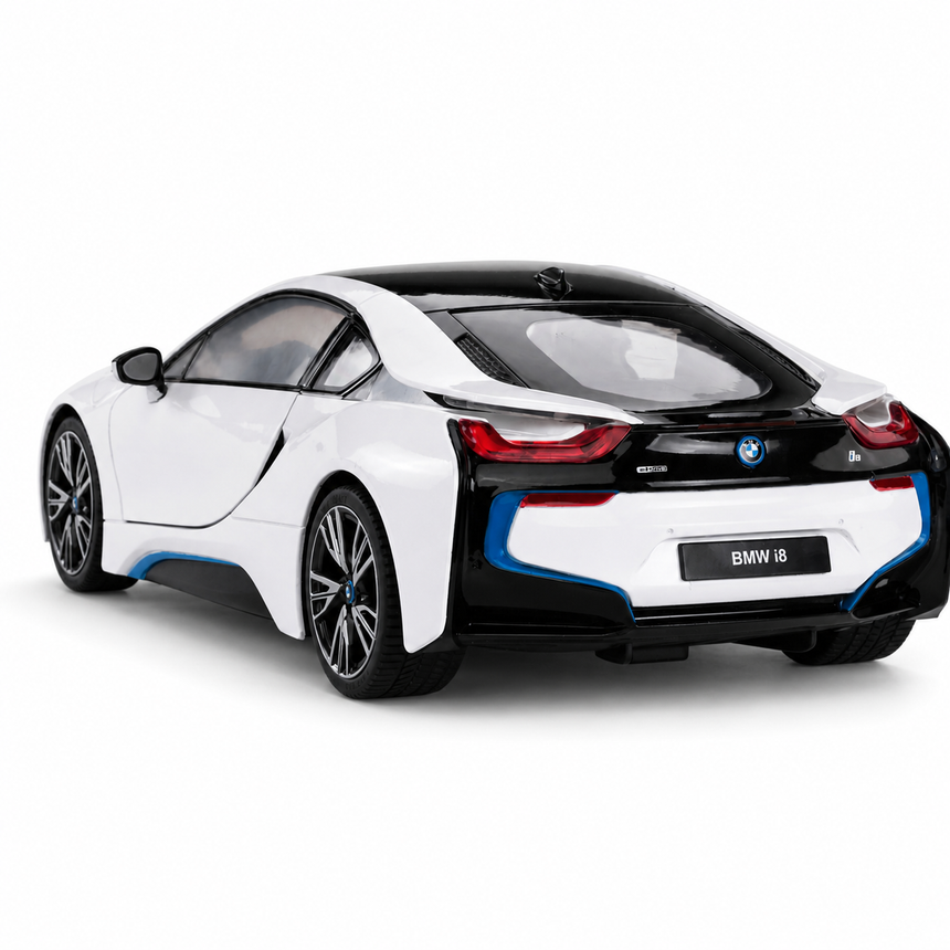 Rastar BMW i8 1:14 RC car in white and black with blue accents, rear 3/4 view with doors closed showing the sleek fastback roofline, BMW i8 rear badging, blue lower rear bumper trim, and red LED tail light bar.