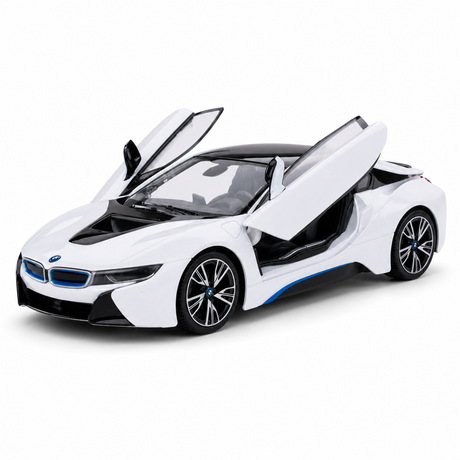 Rastar 1:14 BMW i8 RC car in white with blue accents and open butterfly doors, front 3/4 view on a plain background showing the distinctive scissor-style doors fully raised and the blue-accented kidney grille.