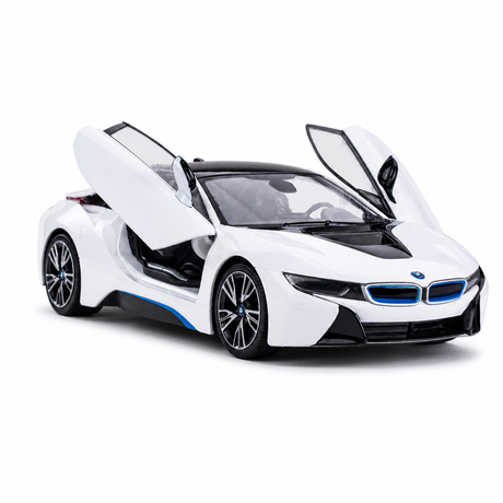 Rastar BMW i8 1:14 RC car in white with blue accents and open butterfly doors, slightly elevated front 3/4 angle showing both doors raised and the sculpted side air intakes, on a plain white background.