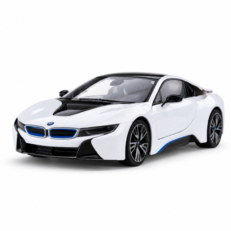 Rastar 1:14 BMW i8 RC car in white with blue accents and black roof, side 3/4 view with doors closed showing the flowing coupe profile, carbon-fibre-look roofline, and distinctive multi-spoke alloy wheels.