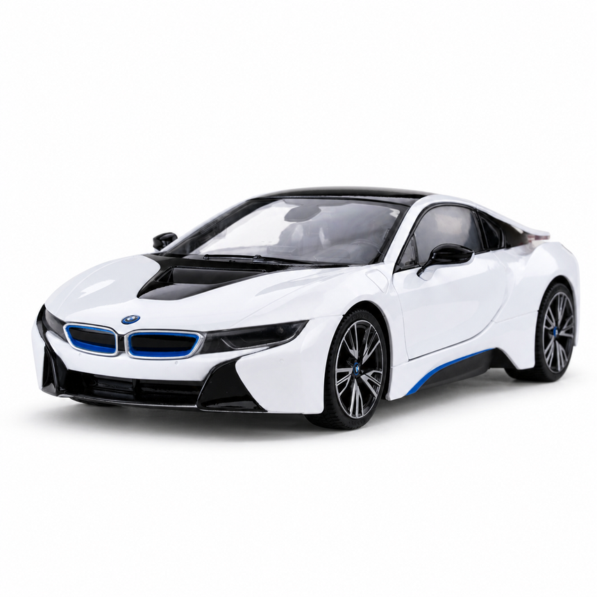 Rastar 1:14 BMW i8 RC car in white with blue accents and black roof, side 3/4 view with doors closed showing the flowing coupe profile, carbon-fibre-look roofline, and distinctive multi-spoke alloy wheels.