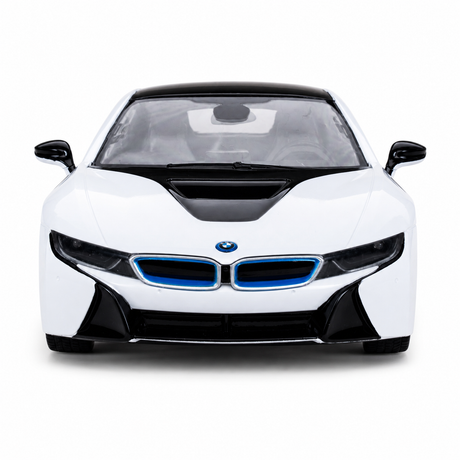 Rastar BMW i8 1:14 RC car in white with blue accents, front-on view with doors closed emphasising the twin-kidney blue grille, swept LED headlight housings, and BMW roundel on the bonnet.