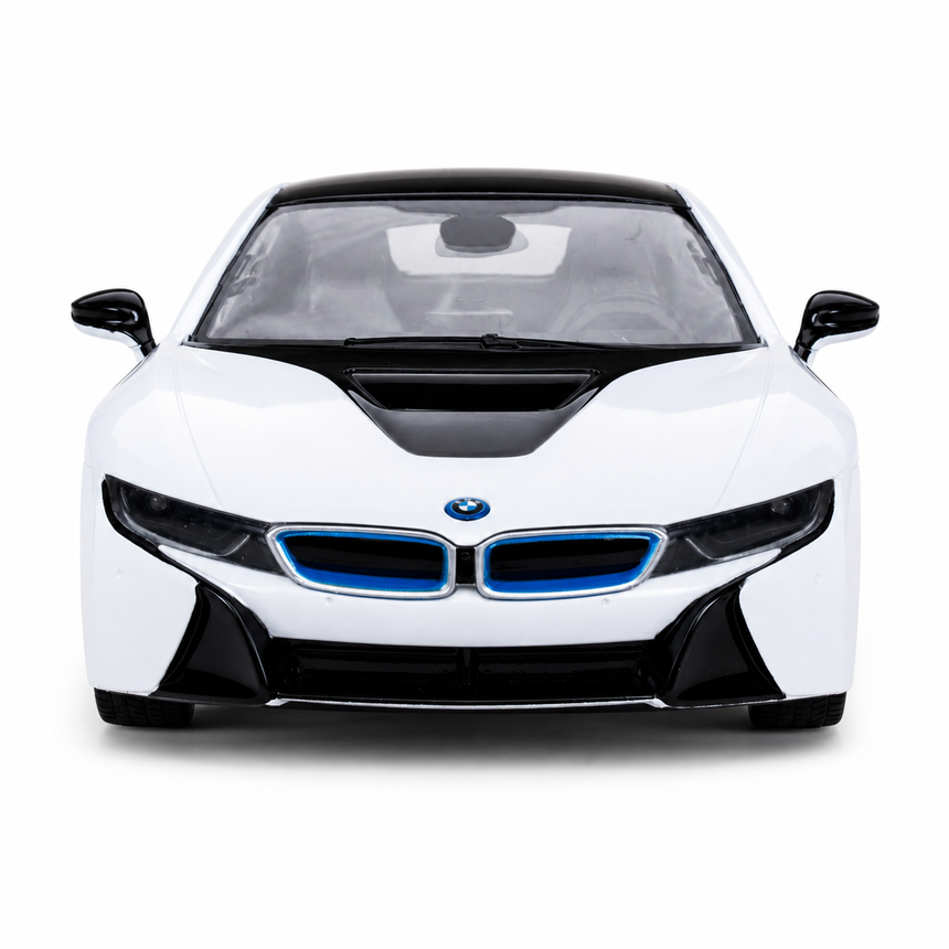 Rastar BMW i8 1:14 RC car in white with blue accents, front-on view with doors closed emphasising the twin-kidney blue grille, swept LED headlight housings, and BMW roundel on the bonnet.