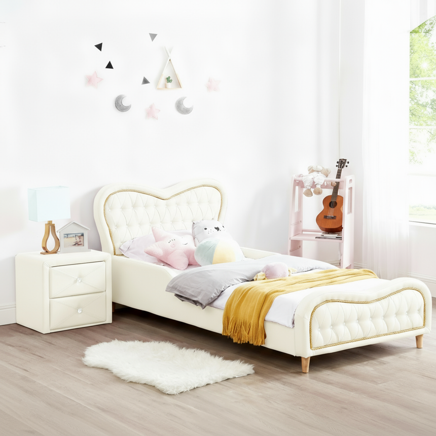 ALL 4 KIDS Brooklyn Heart PU Leather Single Upholstered Bed and Bedside Set- White