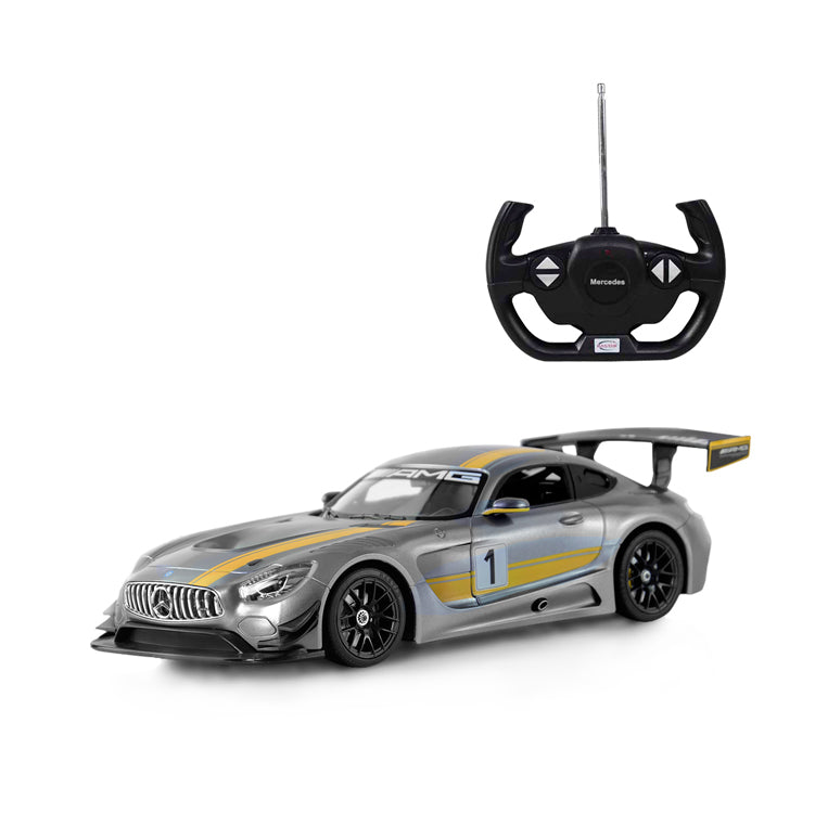 Rastar 1:14 Mercedes-Benz AMG GT3 RC car in silver-grey with yellow racing stripes and number 1 livery, shown in front 3/4 view alongside the Mercedes-branded steering wheel remote controller on a white background.
