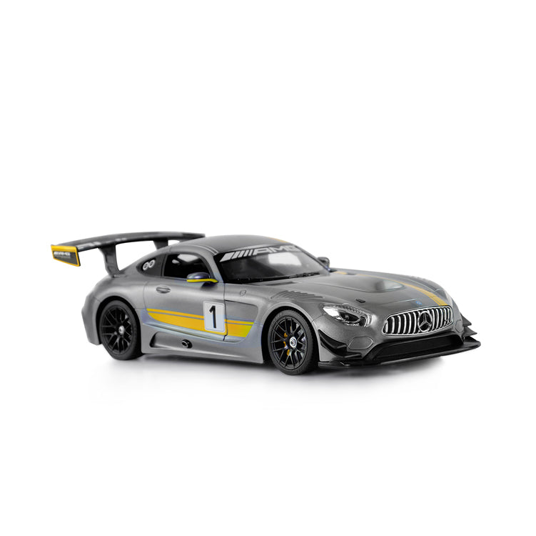 Rastar 1:14 Mercedes-Benz AMG GT3 RC car in silver-grey with yellow stripes and number 1 race livery, displayed from a rear 3/4 elevated angle showing the large rear wing, AMG badging, and black alloy wheels.