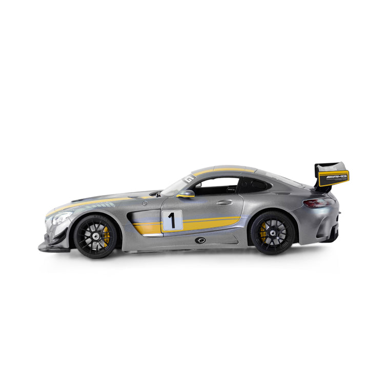Rastar 1:14 Mercedes-Benz AMG GT3 RC car in silver-grey with yellow race stripes, shown in a clean side profile view highlighting the GT3 race body, large rear spoiler, and number 1 door decal.