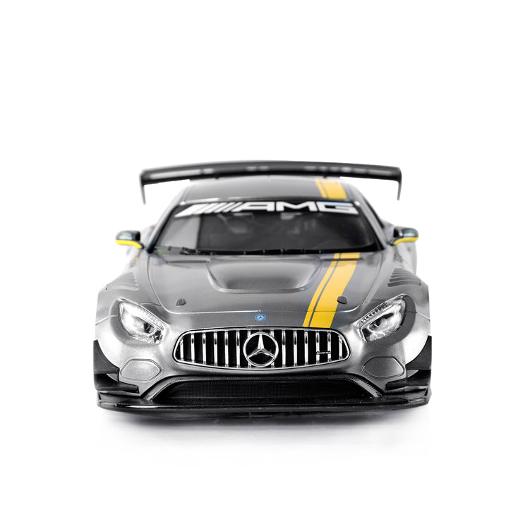 Front-on view of the Rastar 1:14 Mercedes-Benz AMG GT3 RC car in silver-grey, showing the panamericana grille with Mercedes star, AMG windscreen banner, yellow centre stripe, and front splitter with LED headlights.