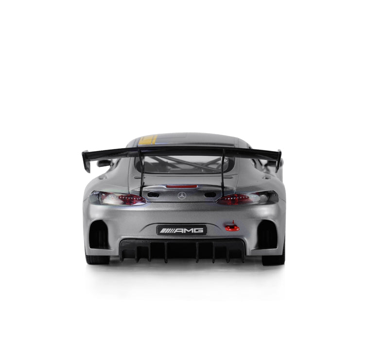 Rear-on view of the Rastar 1:14 Mercedes-Benz AMG GT3 RC car in silver-grey, revealing the large GT3 rear wing, red tail lights, AMG diffuser, and Mercedes star badge on the boot lid.