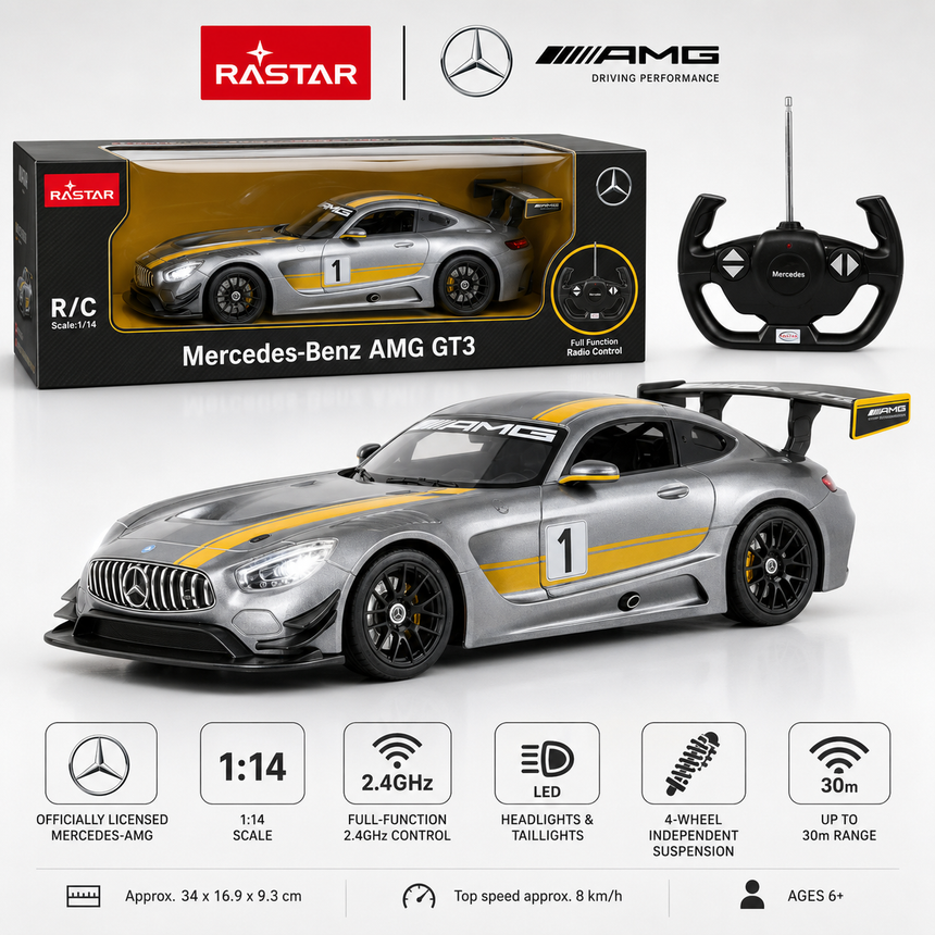 Rastar 1:14 Mercedes-Benz AMG GT3 RC car packaging shot showing the retail box alongside the silver-grey car with yellow race livery and its steering wheel controller, with key spec icons below: officially licensed, 1:14 scale, 2.4GHz full-function control, LED headlights and taillights, 4-wheel independent suspension, 30m range, and approx. 34 x 16.9 x 9.3 cm dimensions.