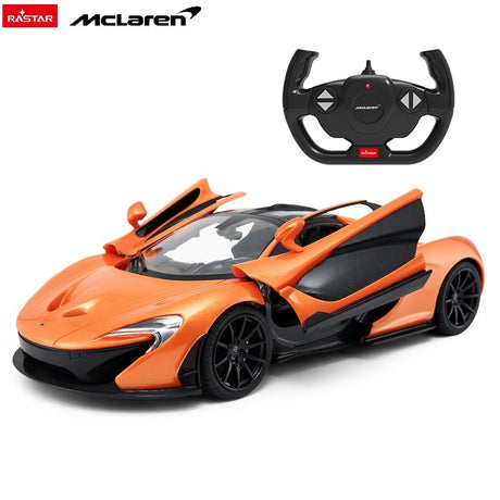 Rastar 1:14 McLaren P1 RC car in orange with black carbon-effect accents, shown in a front 3/4 view with both dihedral doors open wide, displayed alongside the McLaren-branded steering wheel remote controller.