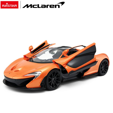 Rastar 1:14 McLaren P1 RC car in orange shown in a front 3/4 view with dihedral doors open, highlighting the low-slung hypercar body, carbon-effect panels, and McLaren branding on the windscreen.