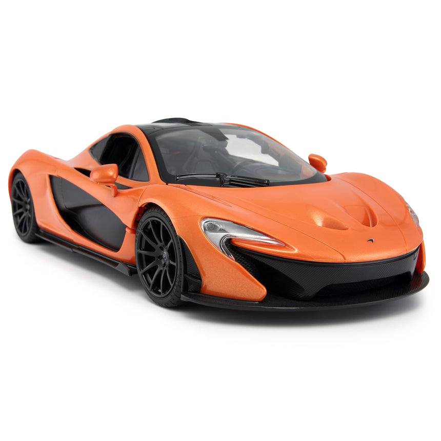 Rastar 1:14 McLaren P1 RC car in orange shown in a side 3/4 view with doors closed, displaying the full hypercar silhouette with black carbon-effect lower body, multi-spoke black alloy wheels, and aerodynamic side vents.