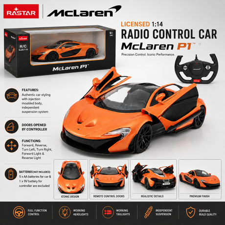 Retail packaging infographic for the Rastar 1:14 McLaren P1 RC car showing the product box, the orange car with open dihedral doors, and the steering wheel controller, with key product features listed: doors open by controller, forward/reverse/turn left/right/forward light/reverse light functions, authentic injection-moulded body, independent suspension, working headlights and taillights, and durable build quality.