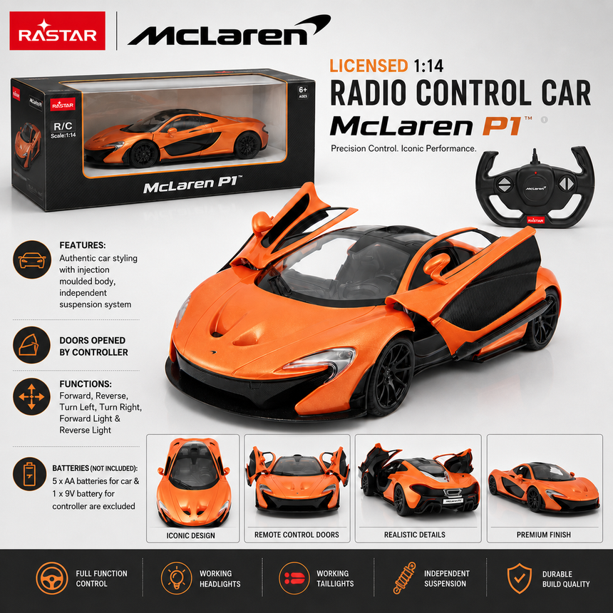 Retail packaging infographic for the Rastar 1:14 McLaren P1 RC car showing the product box, the orange car with open dihedral doors, and the steering wheel controller, with key product features listed: doors open by controller, forward/reverse/turn left/right/forward light/reverse light functions, authentic injection-moulded body, independent suspension, working headlights and taillights, and durable build quality.
