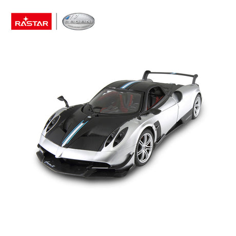 Rastar 1:14 Pagani Huayra BC RC car in silver and carbon fibre finish, front 3/4 view with doors closed showing the Rastar and Pagani authorized logos, aggressive aero bodywork, and rear wing.
