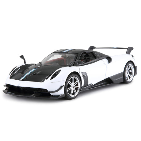 Rastar 1:14 Pagani Huayra BC RC car in white and carbon fibre finish, front 3/4 view with doors closed, highlighting the aggressive front splitter, carbon hood vents, and blue accent stripe.
