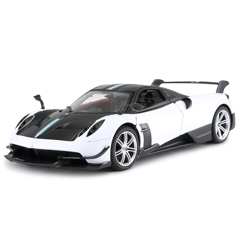 Rastar 1:14 Pagani Huayra BC RC car in white and carbon fibre finish, front 3/4 view with doors closed, highlighting the aggressive front splitter, carbon hood vents, and blue accent stripe.