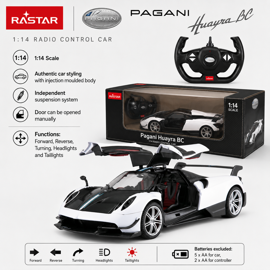 Rastar 1:14 Pagani Huayra BC RC car product infographic showing the white model with gull-wing doors open alongside its retail box and Rastar steering wheel controller; key features listed include 1:14 scale, authentic car styling, independent suspension, manually opening doors, and functions including forward, reverse, turning, headlights, and taillights; requires 5 AA batteries for car and 2 AA for controller.