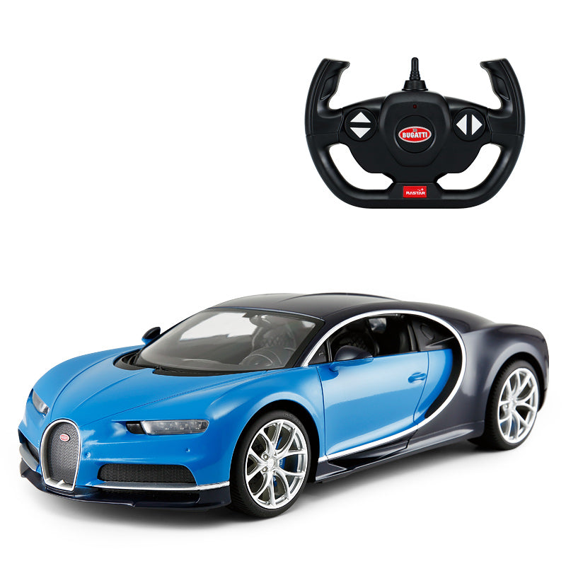 Rastar 1:14 Bugatti Chiron RC car in blue and dark navy two-tone finish, front 3/4 view with doors closed, displayed alongside the Bugatti-branded Rastar steering wheel controller; iconic Bugatti horseshoe grille and sculpted side C-line are clearly visible.