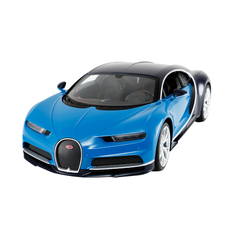 Rastar 1:14 Bugatti Chiron RC car in blue and dark navy finish, elevated front 3/4 view with doors closed, showing the Bugatti grille, carbon-look lower bodywork, and five-spoke alloy wheels.