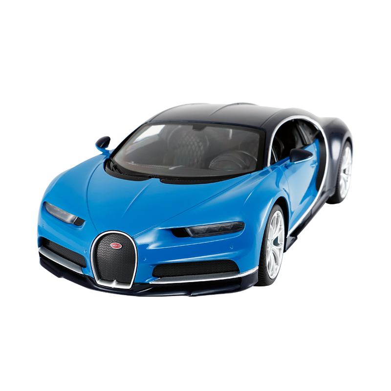 Rastar 1:14 Bugatti Chiron RC car in blue and dark navy finish, elevated front 3/4 view with doors closed, showing the Bugatti grille, carbon-look lower bodywork, and five-spoke alloy wheels.