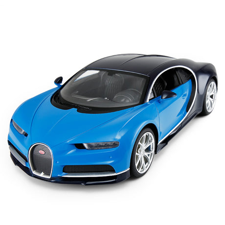 Rastar 1:14 Bugatti Chiron RC car in blue and dark navy finish, elevated front 3/4 view showing the sculpted hood, panoramic windscreen, detailed interior with steering wheel, and silver alloy wheels.