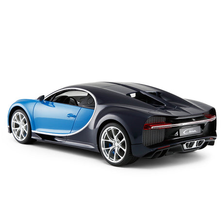Rastar 1:14 Bugatti Chiron RC car in blue and dark navy finish, rear 3/4 view showing the wide diffuser, round taillights, Chiron badging, and silver multi-spoke alloy wheels.