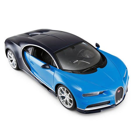 Rastar 1:14 Bugatti Chiron RC car in blue and dark navy finish, overhead view showing the full roofline, panoramic glass panel, and blue and carbon-effect body panels with the iconic C-line spine running front to rear.