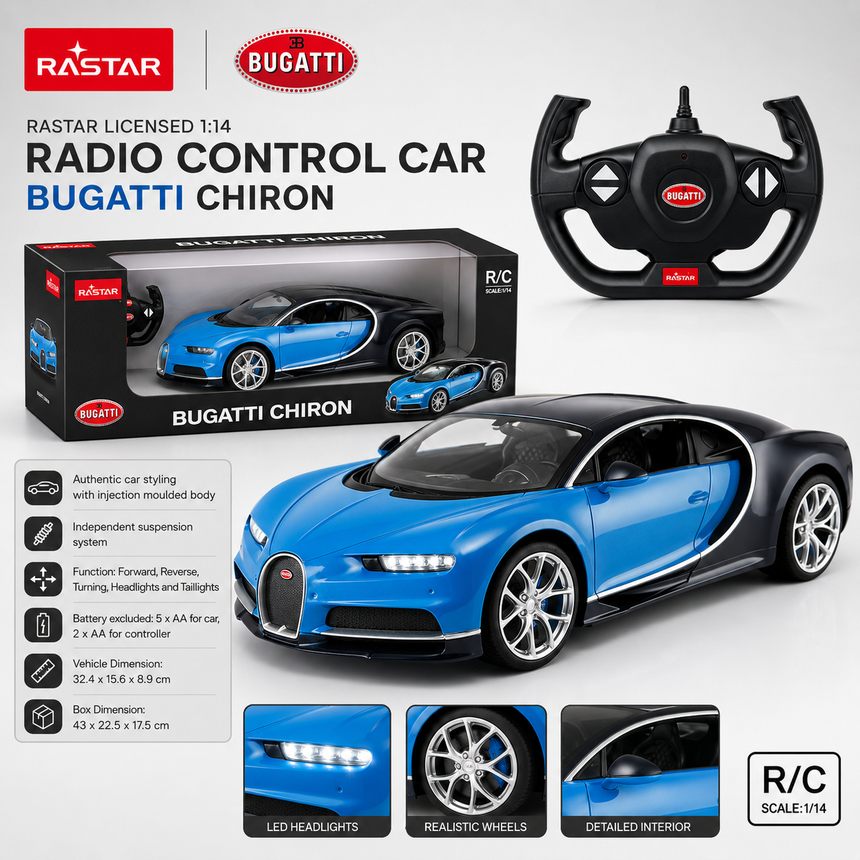 Rastar 1:14 Bugatti Chiron RC car product infographic showing the blue model with its retail box and Bugatti-branded steering wheel controller; key specs include 1:14 scale, authentic injection-moulded body, independent suspension, forward/reverse/turning functions, headlights and taillights, vehicle dimensions 32.4 x 15.6 x 8.9 cm, and box dimensions 43 x 22.5 x 17.5 cm; LED headlights, realistic wheels, and detailed interior callouts also shown.
