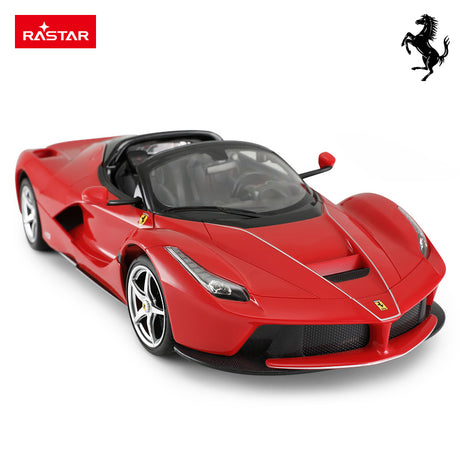 Rastar 1:14 Ferrari LaFerrari Aperta RC car in Ferrari red, elevated front 3/4 view with doors closed showing the open-top roadster body, aggressive front splitter, Ferrari badge, and five-spoke alloy wheels.