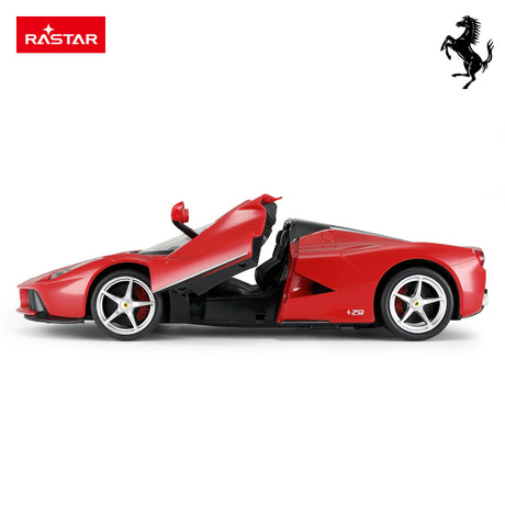 Rastar 1:14 Ferrari LaFerrari Aperta RC car in Ferrari red, pure side profile view with the left butterfly door open, showing the low roofline, open cockpit, and Ferrari 70th Anniversary badge on the rear quarter.