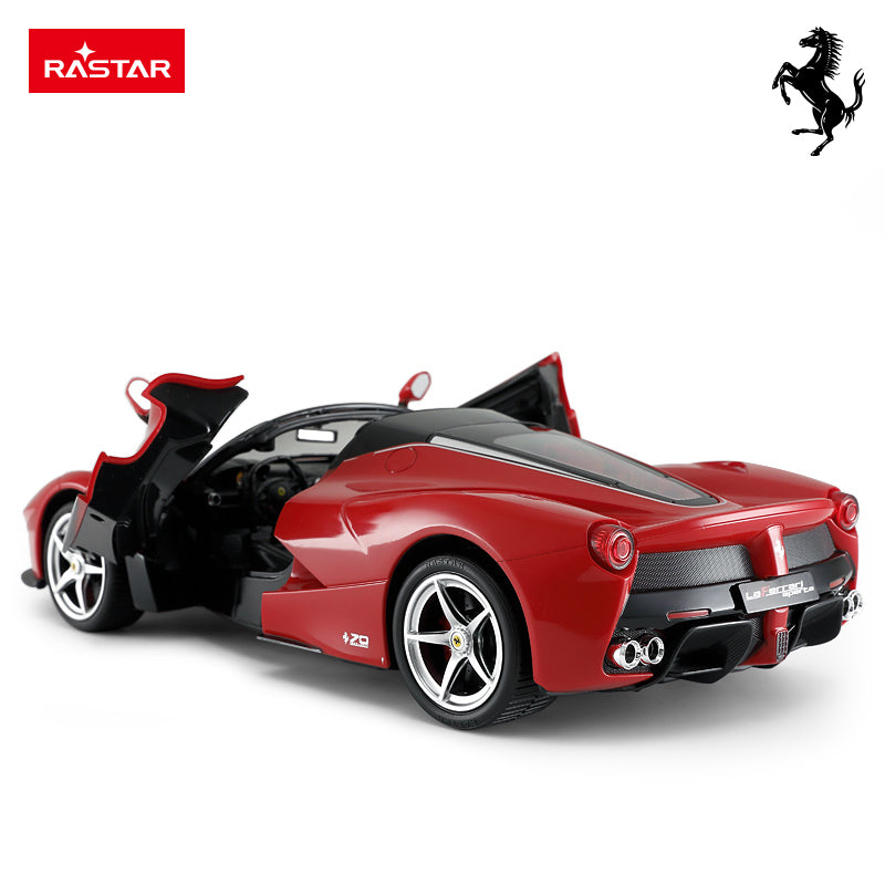 Rastar 1:14 Ferrari LaFerrari Aperta RC car in Ferrari red, rear 3/4 view with both butterfly doors open, showing the LaFerrari Aperta rear badge, twin exhausts, large rear diffuser, and Ferrari prancing horse logo.