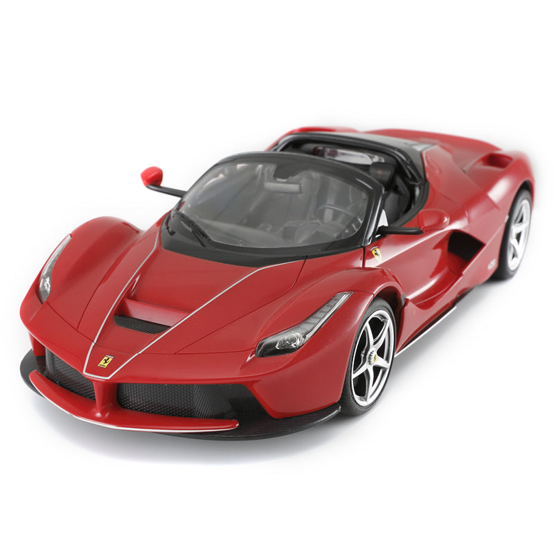 Rastar 1:14 Ferrari LaFerrari Aperta RC car in Ferrari red, elevated front 3/4 view with doors closed, highlighting the open-top cockpit, carbon-effect front splitter, Ferrari badge, and silver five-spoke alloy wheels.